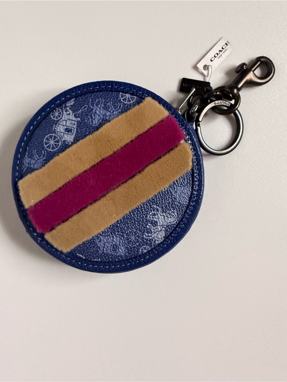 NEW Coach Blue Horse & Carriage Round Coin Purse Charm with Fur Varsity Stripe